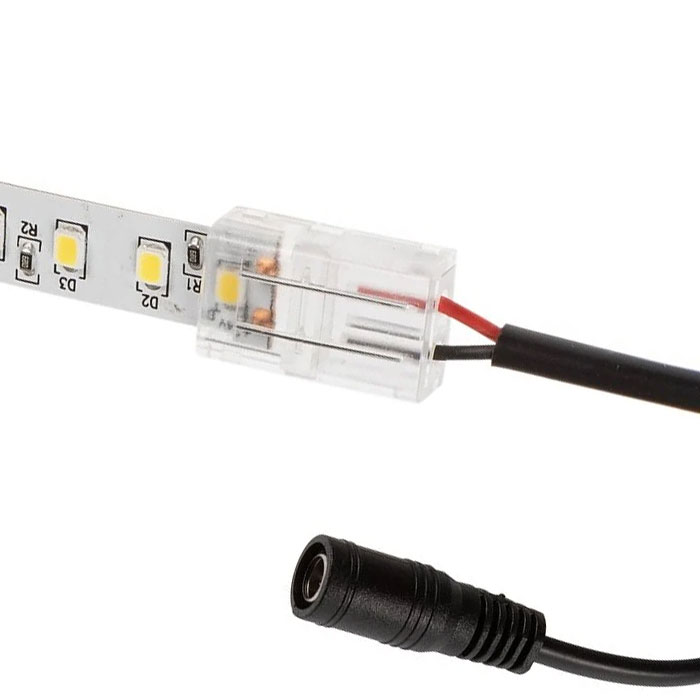 Solderless Clamp-On LED Strip Light to 5.5mm DC Barrel Connector - 10mm Single Color Strips - 22 AWG