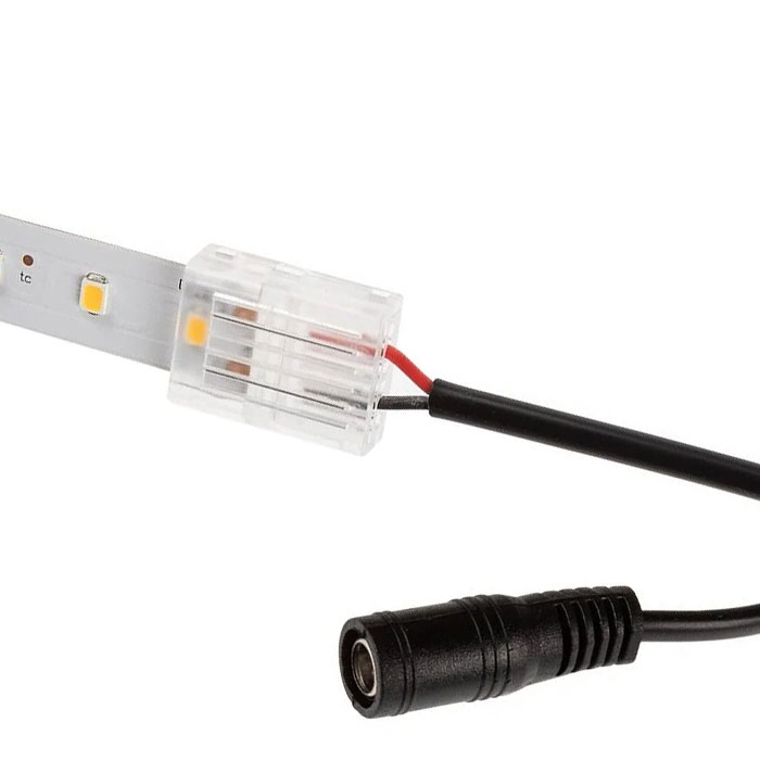 Solderless Clamp-On LED Strip Light to DC Barrel Connector - 12mm Single Color LED Strip Lights - 22 AWG