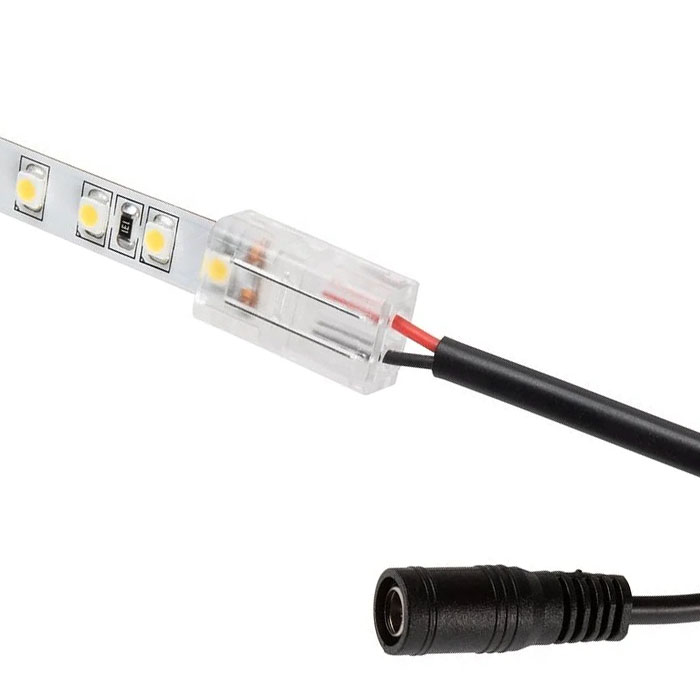 Solderless Clamp-On LED Strip Light to 5.5mm DC Barrel Connector - 8mm Single Color Strips - 22 AWG