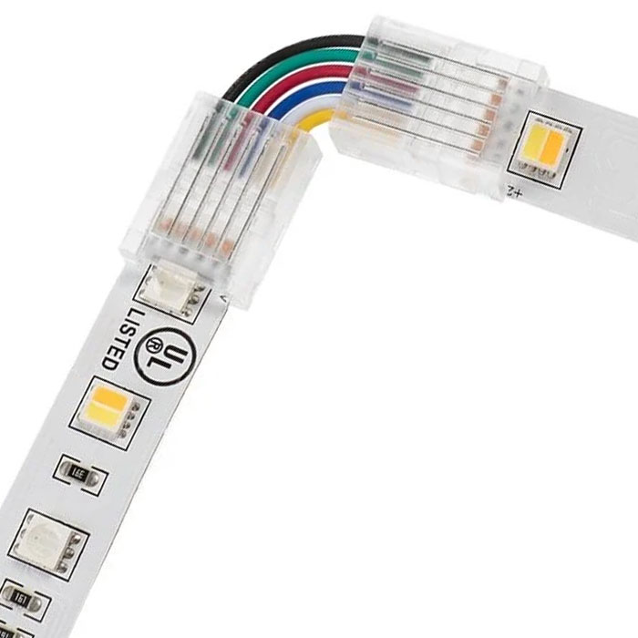 Solderless Clamp-On Left / Right 'L' Wire Connector - 12mm RGB + CCT LED Strip Lights