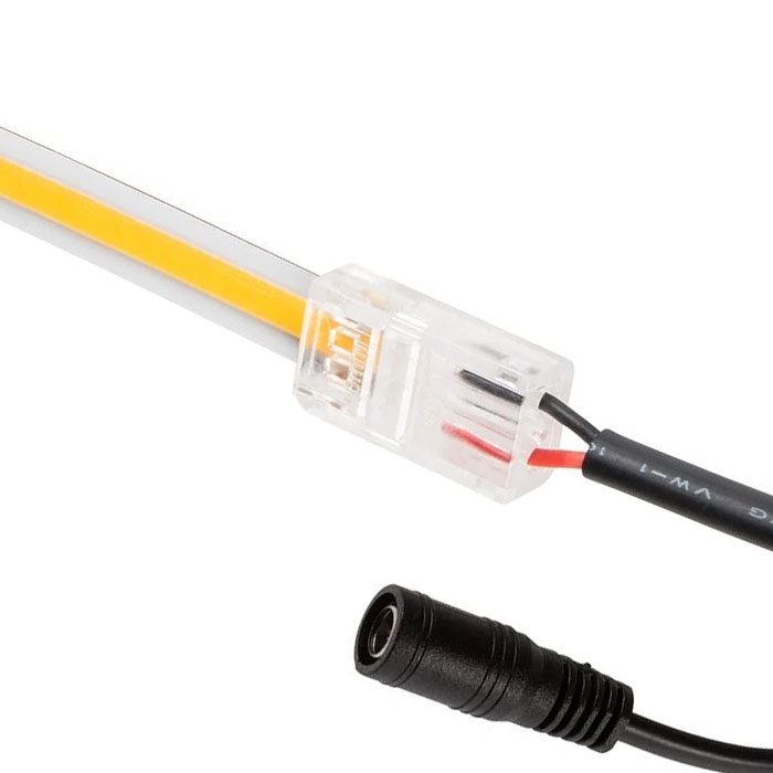 Solderless Clamp-On LED Strip Light to 5.5mm DC Barrel Connector - 8mm COB Strips - 22 AWG