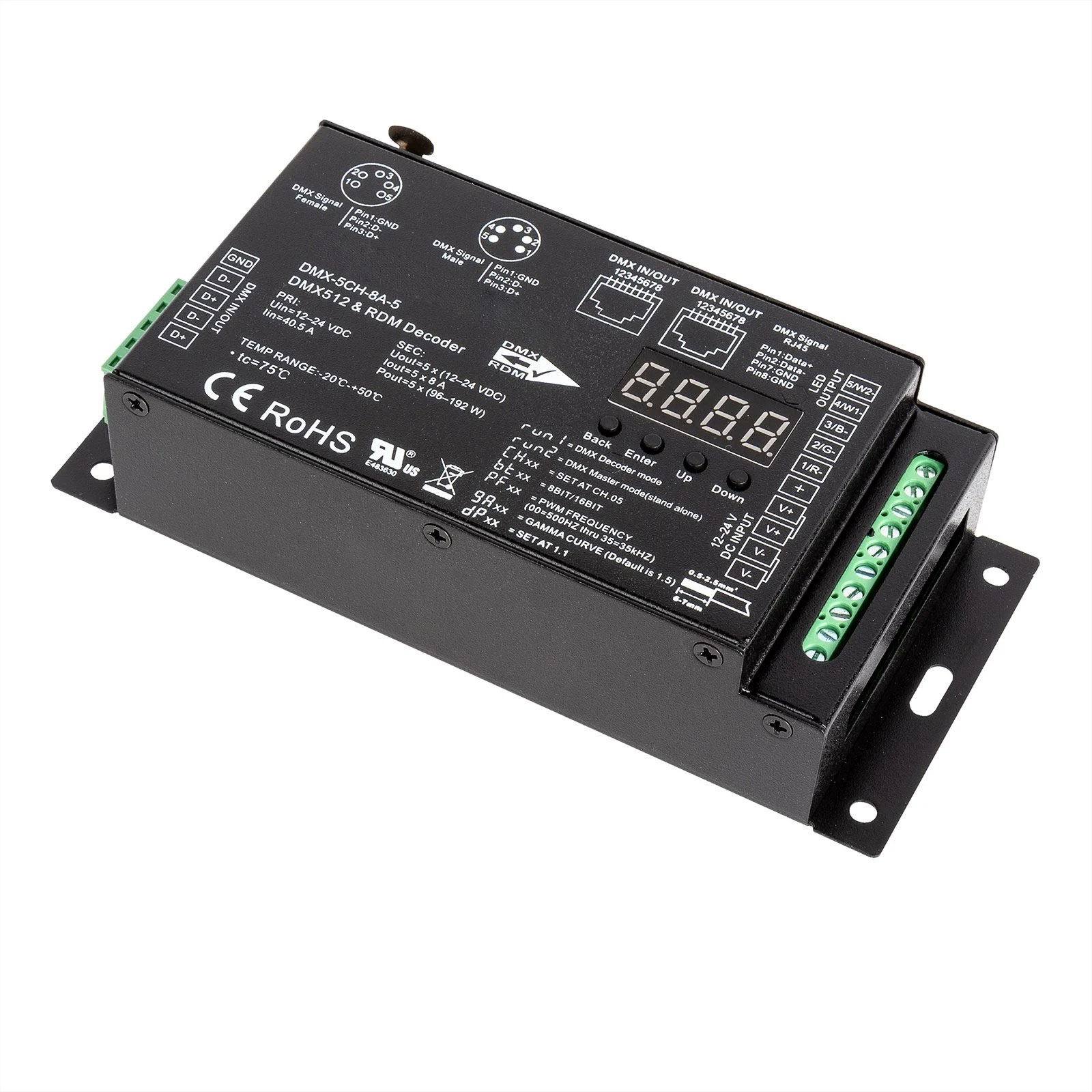 5-Channel LED DMX512 and RDM Digital Decoder and Master - 8 A/CH - Digital Display - 12-24 VDC